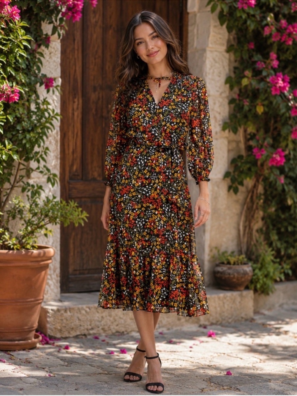 Karl Lagerfeld Black Floral Midi Dress with Fall Hues